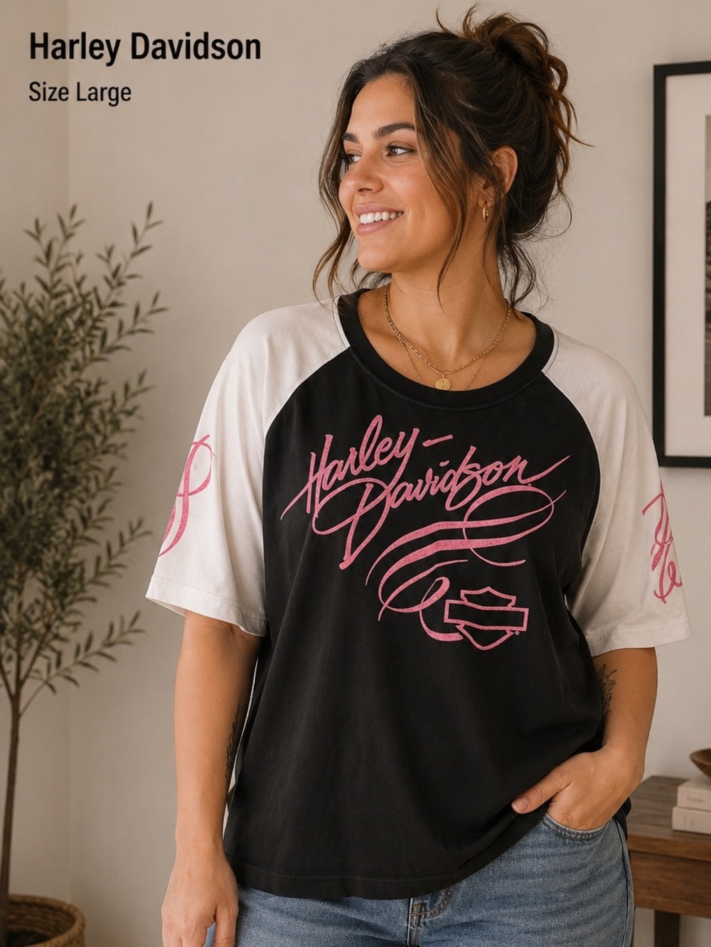 Harley-Davidson Black & White Raglan Tee with Pink Script LARGE